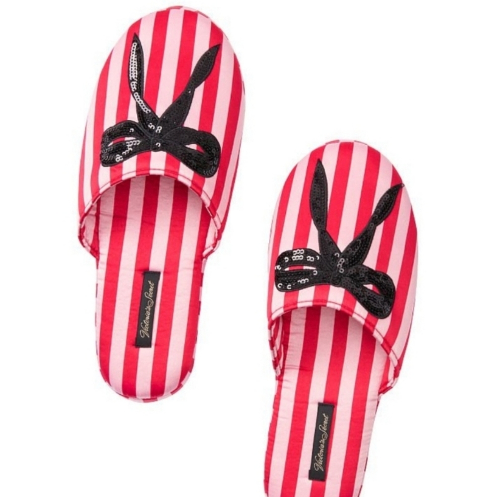 NWT Size 7/8 Victoria's Secret Iconic Red & Pink Strips W/ Sparkly Bow Slippers - Picture 3 of 16